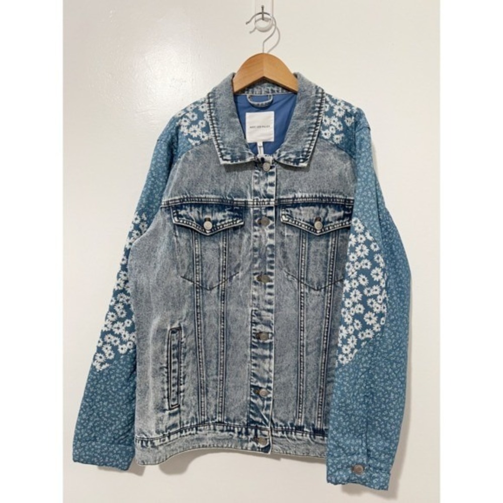 Avec Les Filles Floral Patchwork Quilted Denim Jacket Blue Acid Wash Large